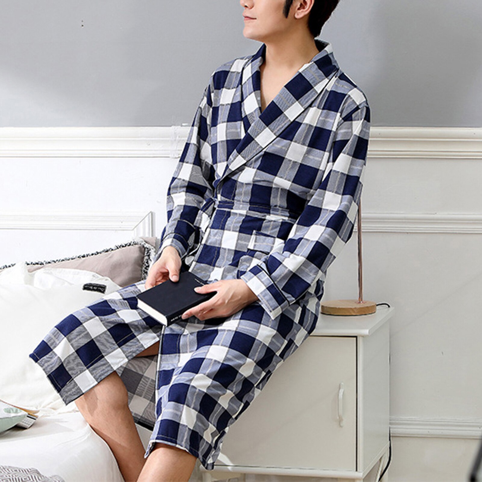 Los hombres casa de verano trajes de hombre ropa de dormir pijamas casuales de los hombres de Color suave de bolsillos de manga larga traje de baño bata de Casa ropa de dormir