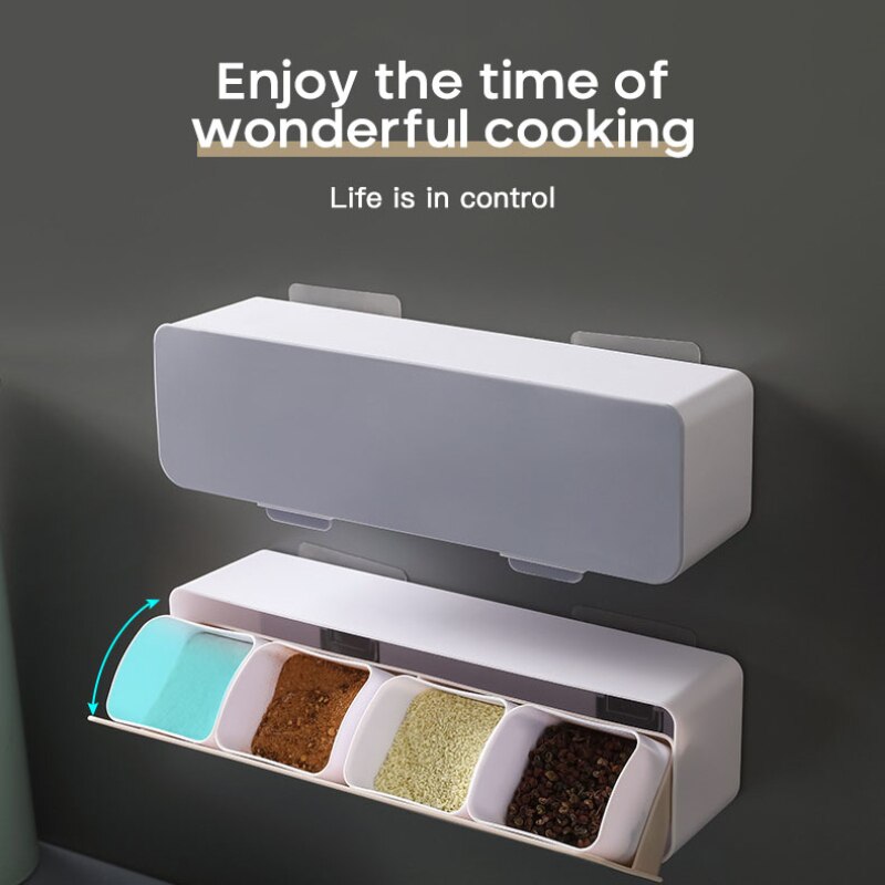 4 Squares Salt Box Spices Box Set Seasoning Container Case With Spoon Waterproof Space-saving Salt Organizer Kitchen Utensils