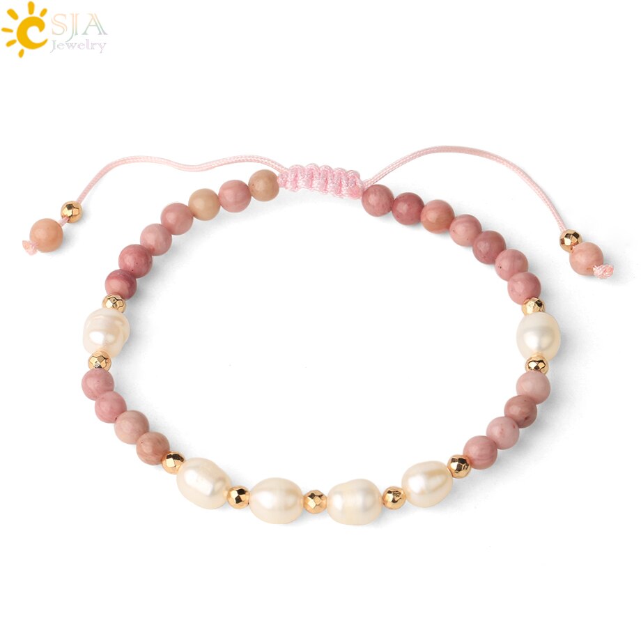 Csja Strand Armband 4 Mm Natuursteen Witte Parel Kristal Kralen Verstelbare Gevlochten Armbanden Voor Vrouwen Mannen Healing Sieraden G482: Line Rhodonite