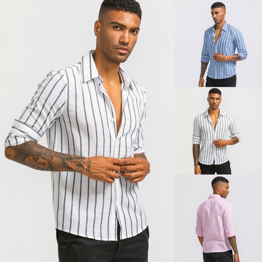 Mens Casual Printed Striped Button Slim Fit Men's Casual Long Sleeve Shirt Blouse Tops camisa masculina camisas hombre #ES