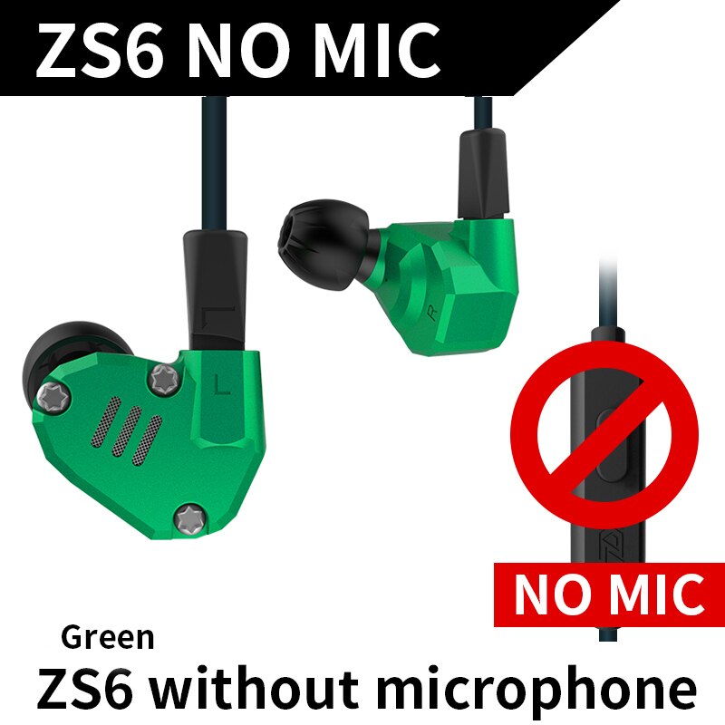KZ-Auriculares con controladores 2DD + 2BA, monitores estéreo HIFI, deportivos, con tecnología híbrida, cancelación de ruido, para juegos, KZ ZS6 8: Green Without Mic