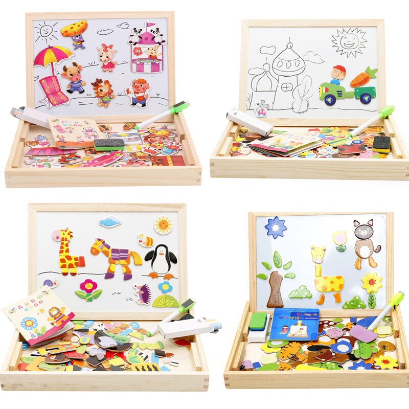 Wooden Kids Educational Learning Toys Magnetic Easel Double Side Dry Erase Board Puzzles Jigsaw Game Toys for Boys Girls