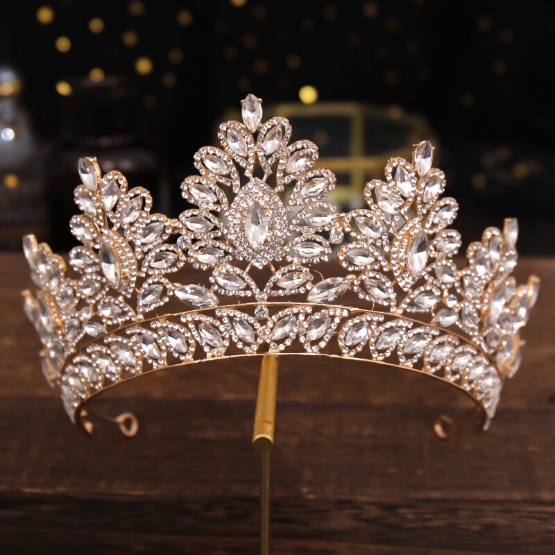 Copricapo da sposa copricapo da sposa con corona grande corona da sposa fatto a mano con strass dorato: Oro-colore