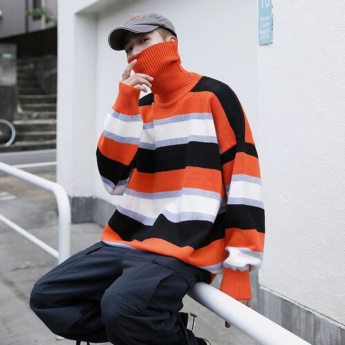 Stribet rullekrave sweater til mænd vinter varmt tøj koreanske løs trends pullover toppe vintage teenagere strik streetwear: Orange / Xxxl