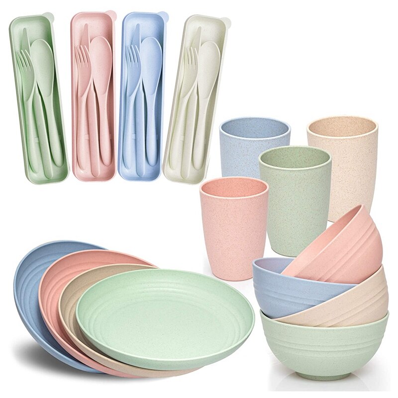 Wheat Straw Dinner Set - (28Pcs) Lightweight &amp; Unbreakable Dinner Set -Reusable Plates, Cups, Bowls and Cutlery: Default Title