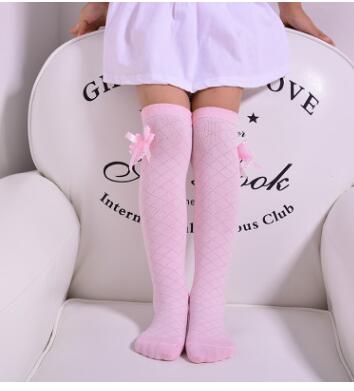 Children&#39;s summer stockings mesh over knee thin breathable cotton baby bow knot Princess socks, loose mouth high tube socks: Pink Socks