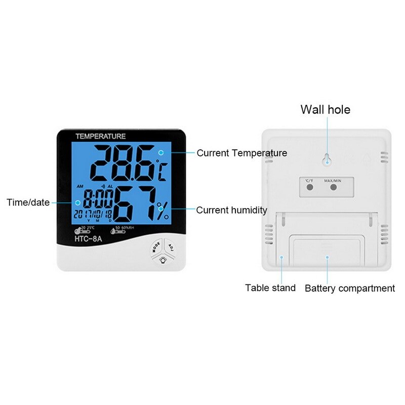 LCD Digital Temperature Humidity Meter -1 -2 Home Indoor Outdoor Hygrometer Thermometer Weather Station with Clock: -8A Indoor