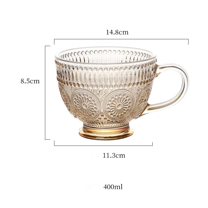 Embossed Sunflower Glass Cup Transparent Milk Breakfast Drinkware Water Cup with Handle Large-Capacity Oatmeal Mug: amber