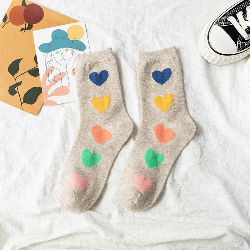 Grappige katoenen sokken dames schattig hart kleurrijk casual harajuku japans koreaans middelbare school meisjes crew pop socket: Khaki