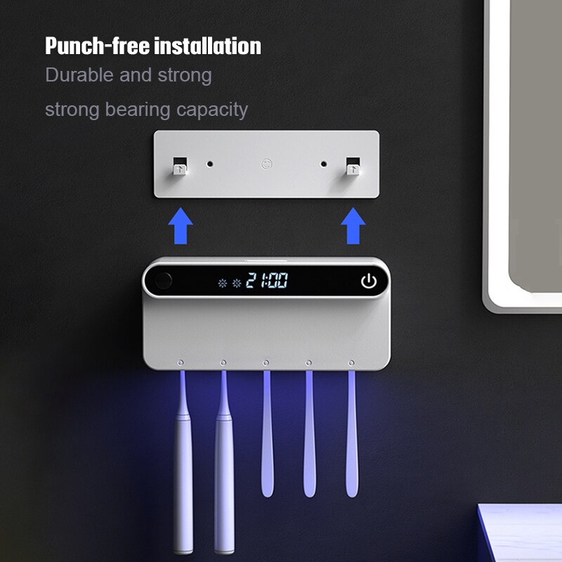 UV Toothbrush Holder Sterilizer Wall Mounted Intelligent Timming Disinfection Toothbrush Disinfectant Holder With LED Displayed