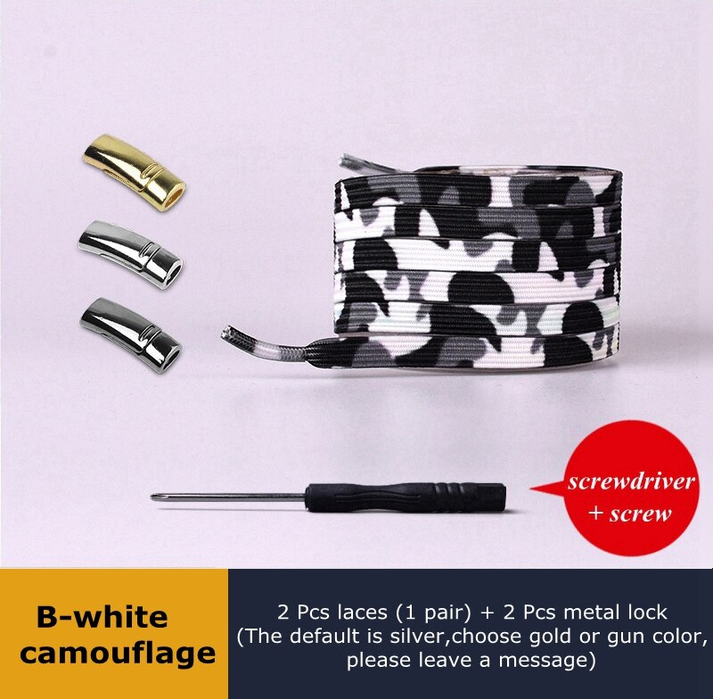 En elastisk uden binde snørebånd sneakers dovne snørebånd børn voksen sikkerhed hurtig flad snørebånd magnetisk metallås udendørs fritid: B-hvid camouflage