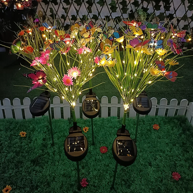 Solar Garden Lights Wild Flower Chrysanthemum Stake Lawn Lamp Waterproof Garden Butterfly Lamps Yard Art for Home Decoration