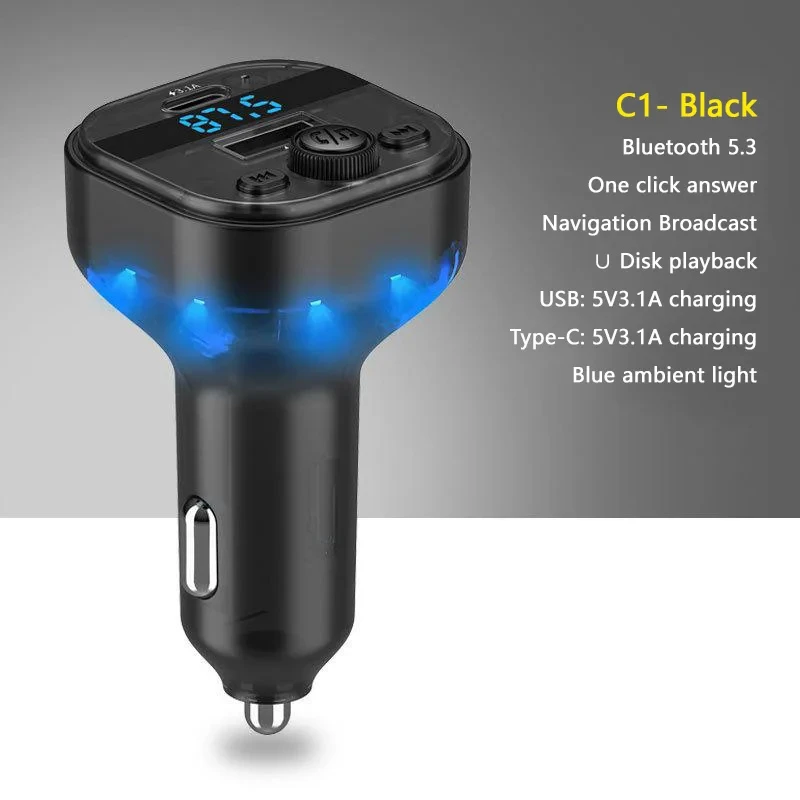 El mejor transmisor FM Bluetooth 5,3, modulador de Radio auxiliar manos libres para coche, reproductor MP3 con adaptador de carga rápida, accesorios para automóvil,: Negro
