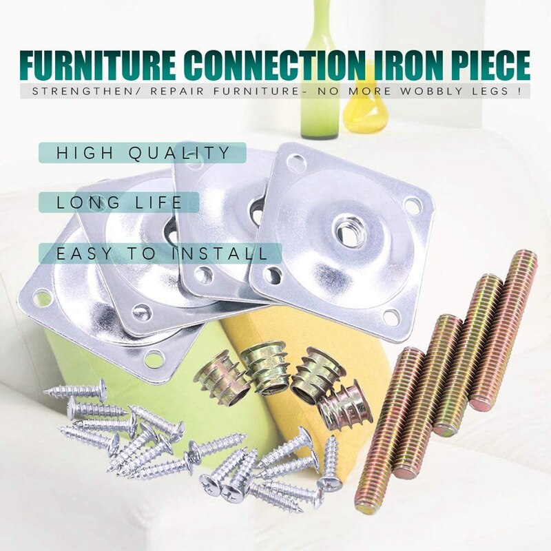 8 Sets Leg Mounting Plates with Hanger Bolts Screws Furniture Leg Attachment Plates Industrial Strength T-Plate M8