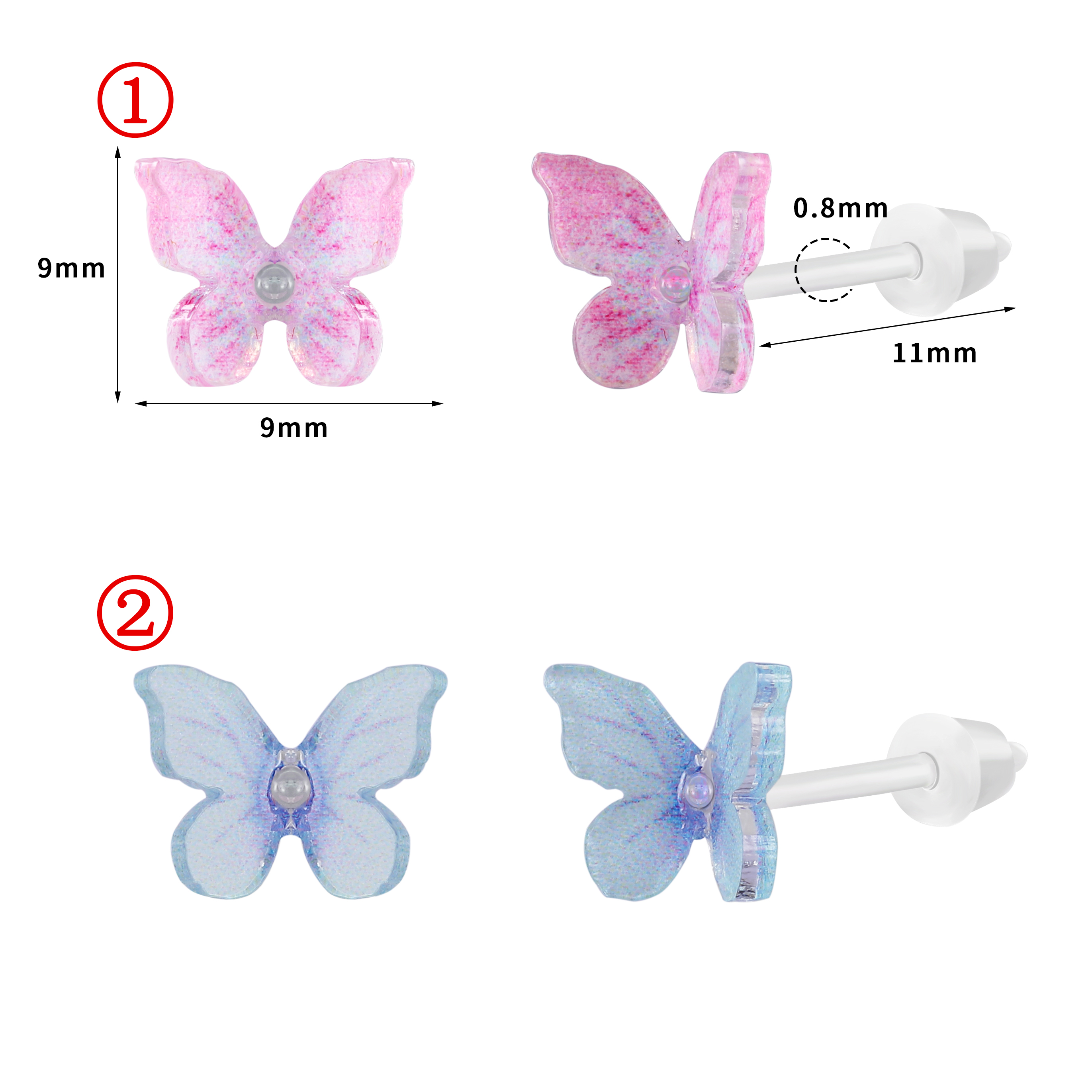 ZS 1 paire de boucles d'oreilles colorées en forme de papillon 20G boucles d'oreilles en acrylique Anti-allergie mignon oreille Cartilage Helix conque piercings