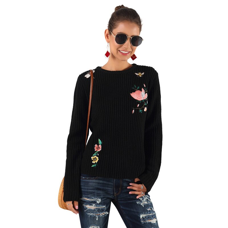 Geborduurde Trui Lange Mouwen Womens Casual Brand Lange Mouwen Vrouwen Trui Slim Ronde Hals Vrouwen Trui Pullover: 002 / M