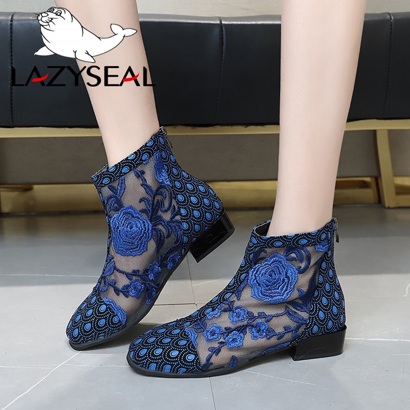 LazySeal Air maille broder été Cool bottines femmes retour Zip bout rond talons carrés dentelle fleurs Cool bottes femme