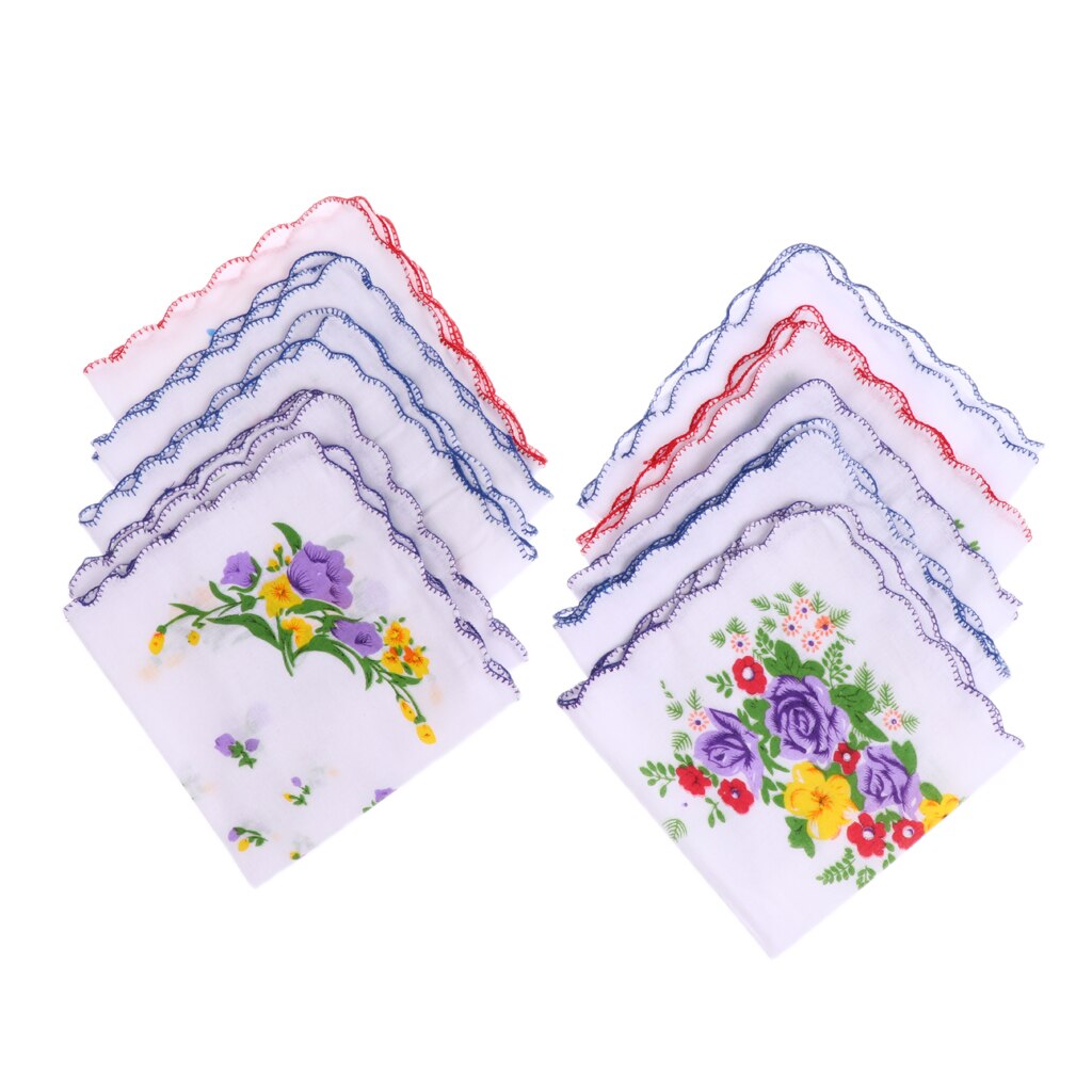 10pcs 100% Women Cotton White Handkerchiefs Ladies Hankies Square Handkerchiefs Assorted Colourful Flowers for Weddings Parties