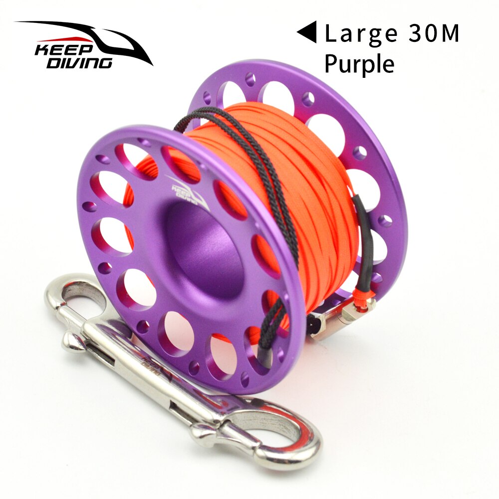 Carrete de dedo de aleación de aluminio para buceo, 15M/30M, de acero inoxidable con gancho de doble extremo, equipo SMB, accesorios para cuevas y buceo: Purple 30M