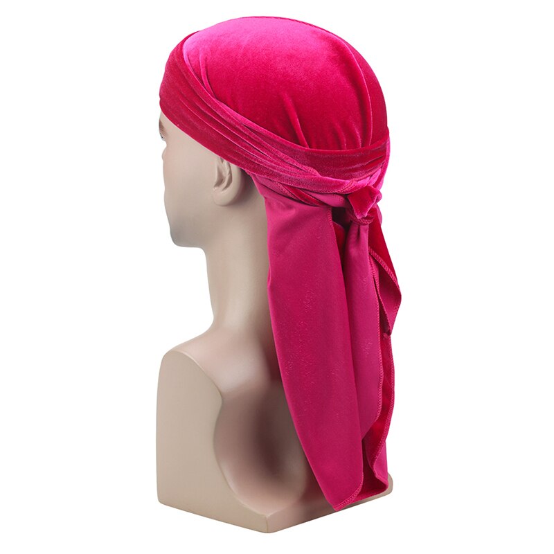 Mannen Fluwelen Lange Staart Durag Hip Hop Tulband Ademend Bandana Hoed Fluwelen Zijdeachtig Satijn Durag Doen Doo Du Rag Lange staart Headwrap: Rose Rood