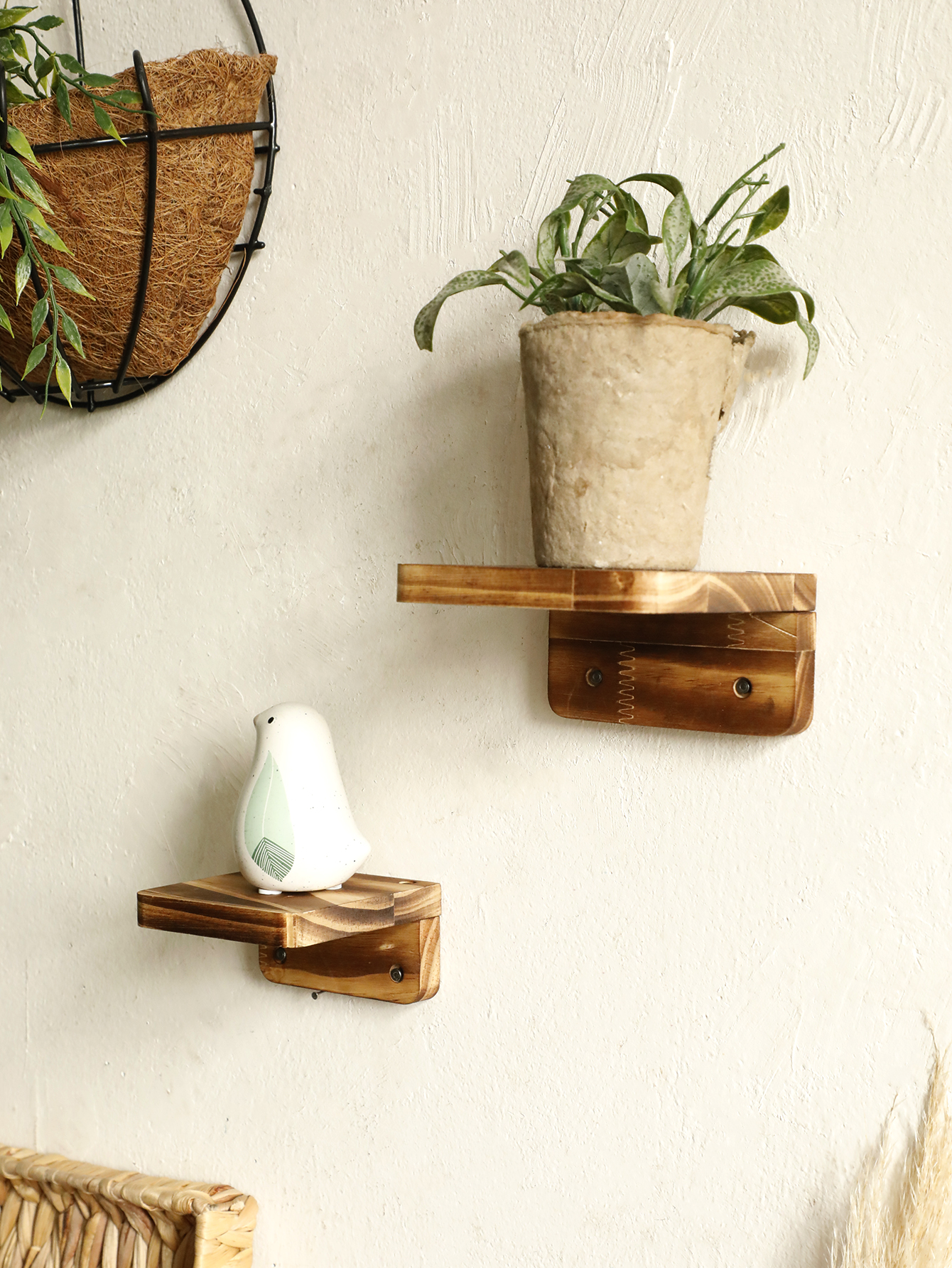 Rustic Wooden Wall Shelf Square Floating Shelves Ledge Boho Home Decor Plant Flower Pot Wall Hanging Living Room Display Stands