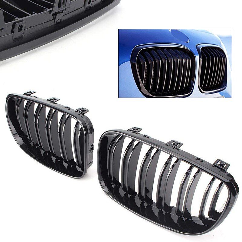 Glossy Black Dual Slats Front Kidney Grille Grill Replacement for BMW E81 E87 E82 E88 120I 128I 130I 135I Selected 2007