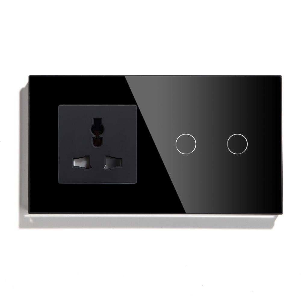 BSEED EU Touch Switch 2 Gang 1 Way 2 Way Wall Switch 157mm With Multifunction Socket Crystal Glass Panel White Black Gloden