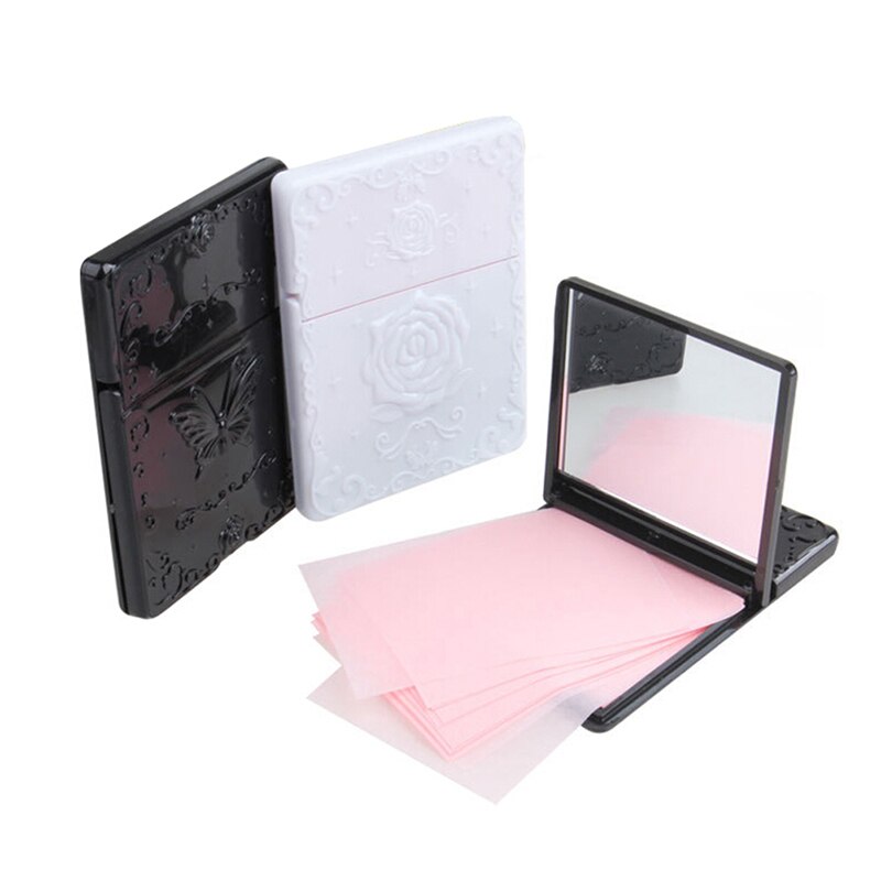 50Pcs oil absorbing sheet With Black & White Mirror Case oil remover paper Absorb Blotting Facial Cleaner Face Tools