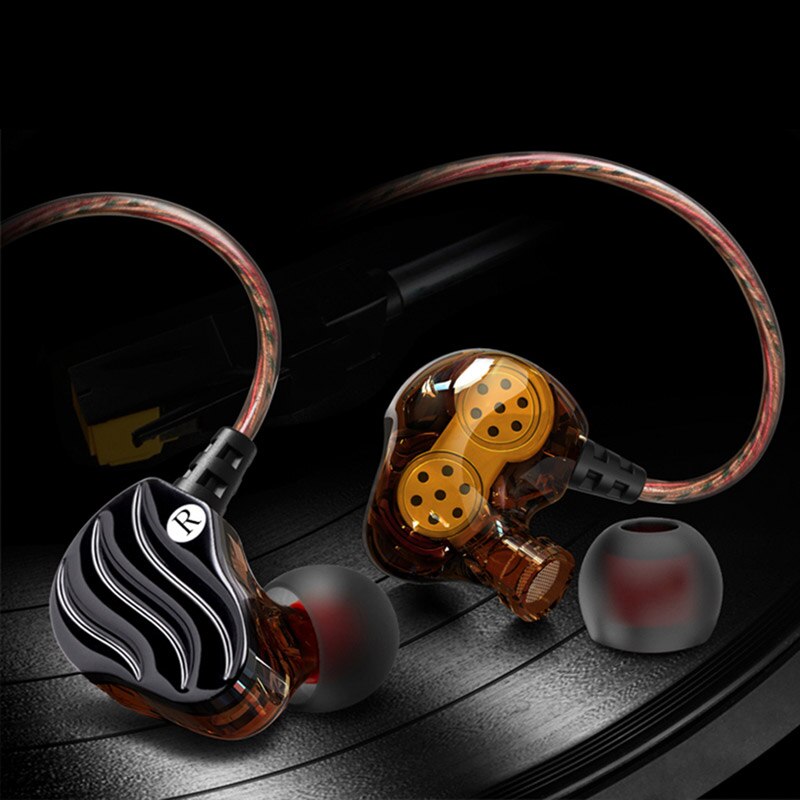 Dubbele dynamische driver oordopjes 3.5mm in-ear oordopjes 4 speakers hifi bas stereo sport oordopjes met microfoon: Zwart
