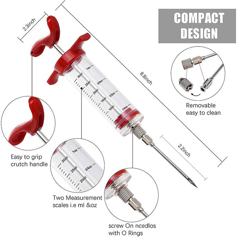 Vlees Injector Spuit Met 3 Marinade Injector Naalden voor BBQ Grill Turkije Injector Kit Marinade Smaak Injector
