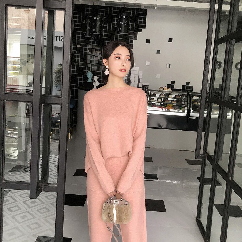 Women's Winter Warm Cool Sport Suit Loose Wide Leg Pants Sweater Two Piece Suit Solid Long Sleeve Sportwear: Pink / S