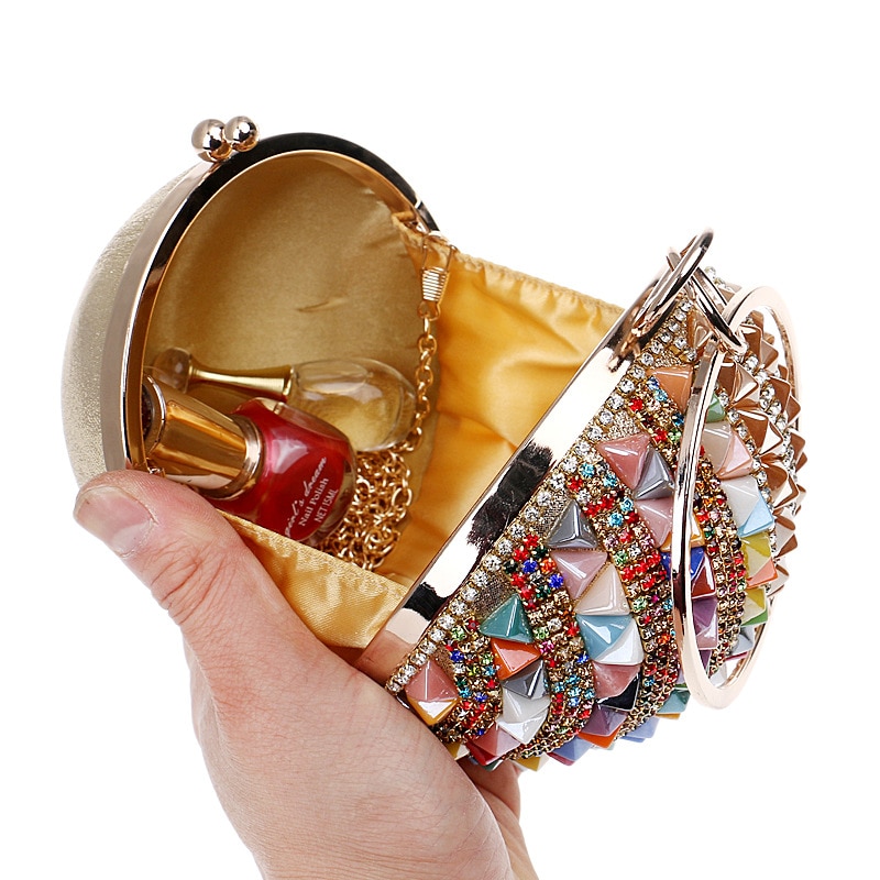 Tas met kwastje, kristal, dames, mooie kleurrijke tas, ronde vorm, goud, zilveren clutch, bal, avondtassen, rode handtassen, dameshandtas