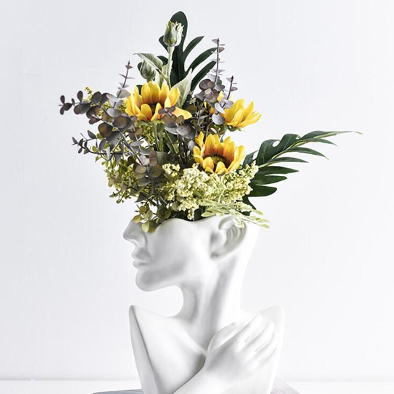 Half Body Face Ceramic Flower Pot White Figure Sculpture Crafts Desktop Flower Arrangement Container Garden Decoration