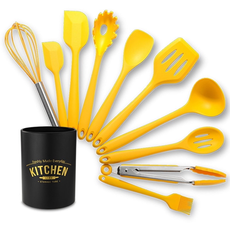 10PC Yellow Silicone Kitchenware Cooking Utensils Set Heat Resistant Kitchen Non-Stick Cooking Utensils With Storage Box