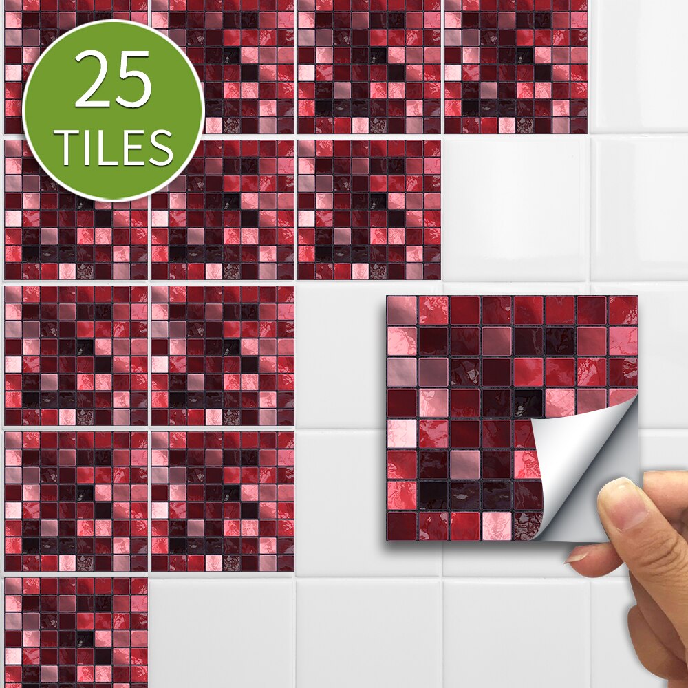 Mosaik kakel väggdekaler retro självhäftande vattentät stänkskydd gör det själv kök badrum hem väggdekaler vinyl 3d: Röd mosaik / 10 x 10 cmx 25 st