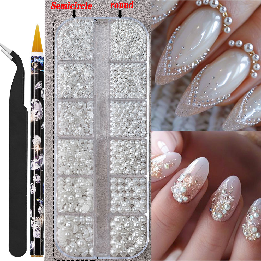 Perles demi-rondes à 12 grilles, breloques 3D pour ongles, 1.5/2/2.5/3/4/5mm, perles blanches à dos plat, bijoux pour ongles, artisanat des ongles, strass: Gris foncé