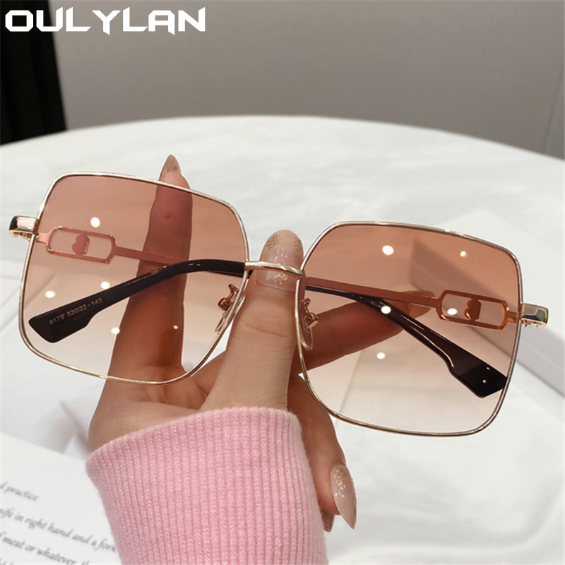 Oulylan damesolbriller firkantede vintage mærke metalsolbriller til mænd stort stel gradueret blå pink briller  uv400: Beige