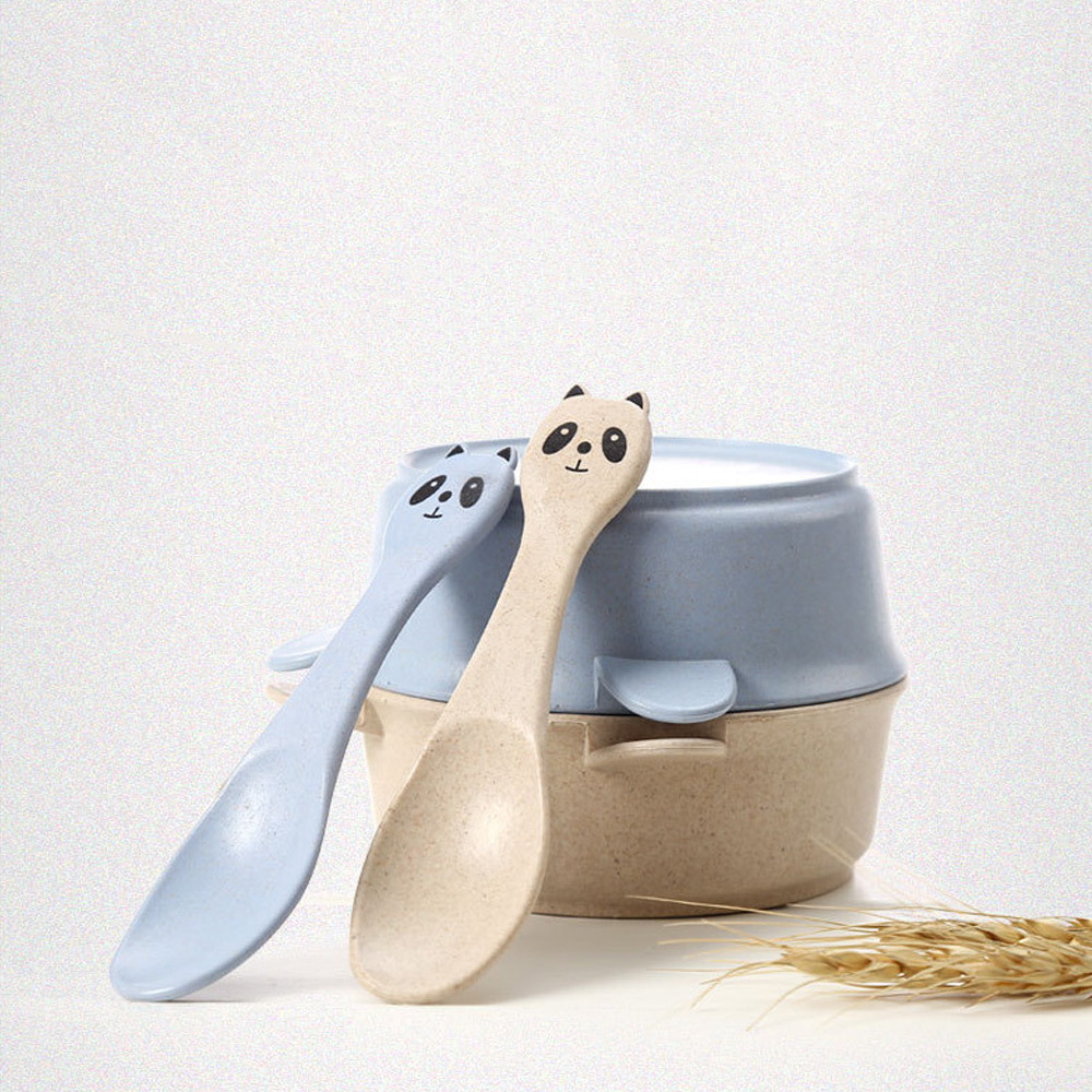 1pcs Baby Feeding Food Tableware Cartoon Panda Kids Dishes Baby Eating Dinnerware Set Wheat Stalk Anti Training Bowl Spoon