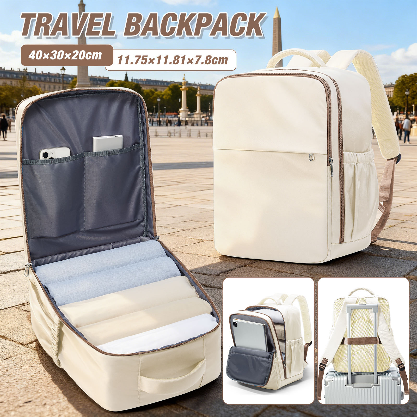 Mochila de viaje para avión de cabina 40x30x20, equipaje de mano, mochila de cabina Wizzair 40x30x20, bolsos de mano para hombres y mujeres, bolsas para ordenador portátil de 15,6 pulgadas: Beige