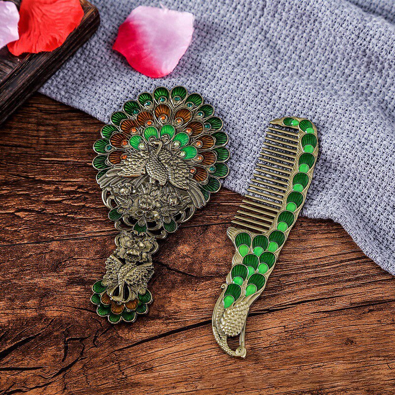 Makijaż lustro chiński Vintage Hollow-out rzeźba Rhinestone lustro zestaw grzebieni z pudełko eleganckie z kieszeniami lustro dla kobiet: 3