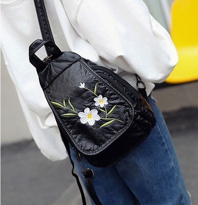 Borduurwerk Bloemen Vrouwen Rugzak Kleine Zachte Pu Lederen Rugzakken Voor Meisjes Tieners Vrouwelijke Schoudertas Borst Pakken Zwart Bolsa: Sky Blue