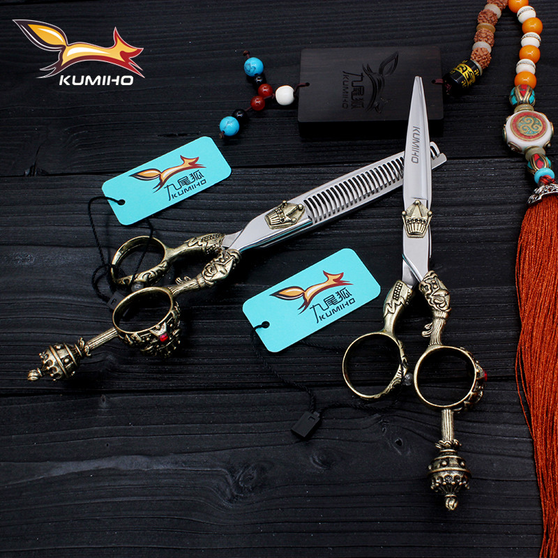 KUMIHO Giapponese forbici dei capelli kit 1 forbici di taglio e 1 assottigliamento forbici con il caso di cuoio di taglio di capelli con la corona maniglia