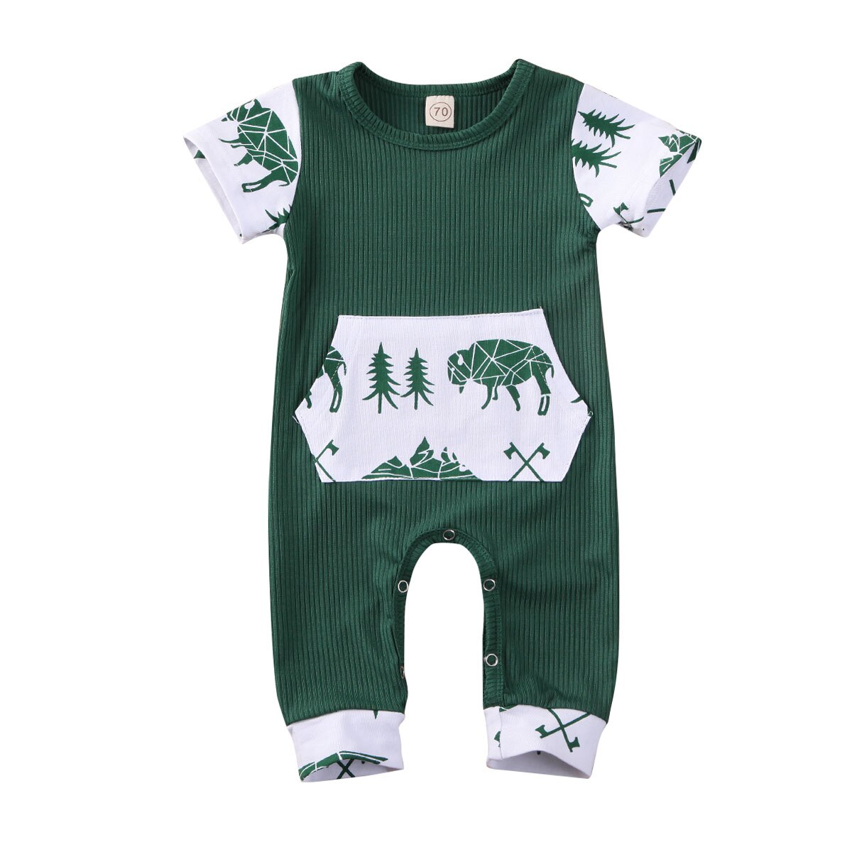 0-18M Summer Infant Kids Baby Boys Girls Rompers Pattern Print Short Sleeve Pocket Jumpsuits Clothes