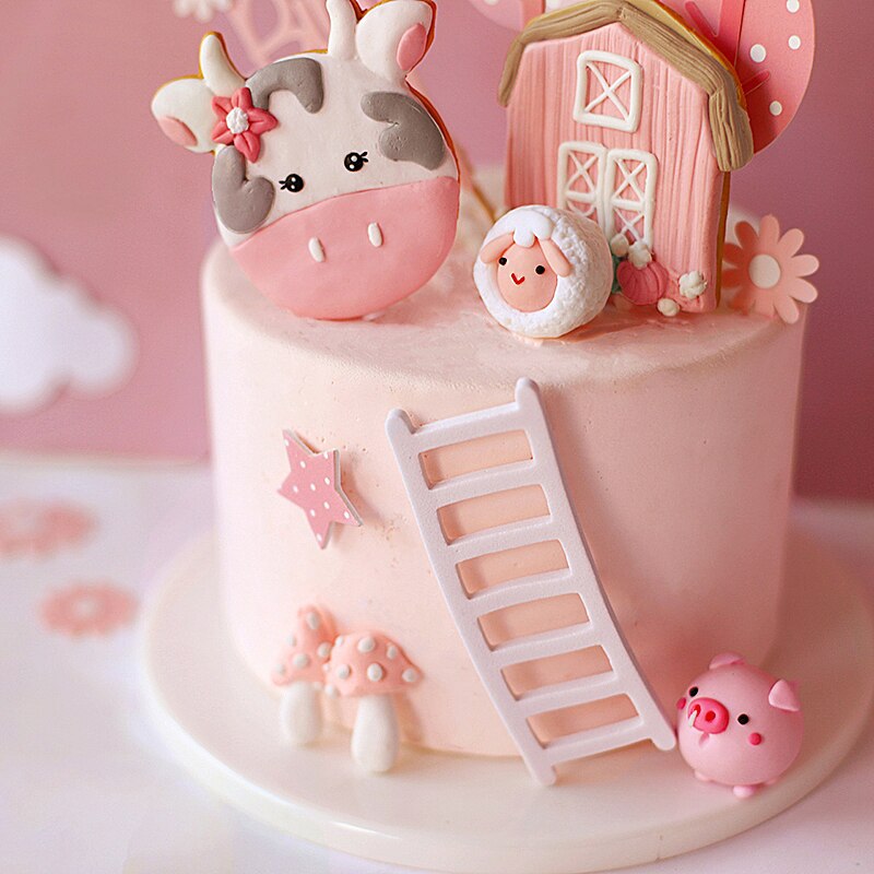 Pink Happy Farm cow tree Cake Toppers for kid's birthday cake Children's Day Party Baby Happy Birthday Supplies Lovely