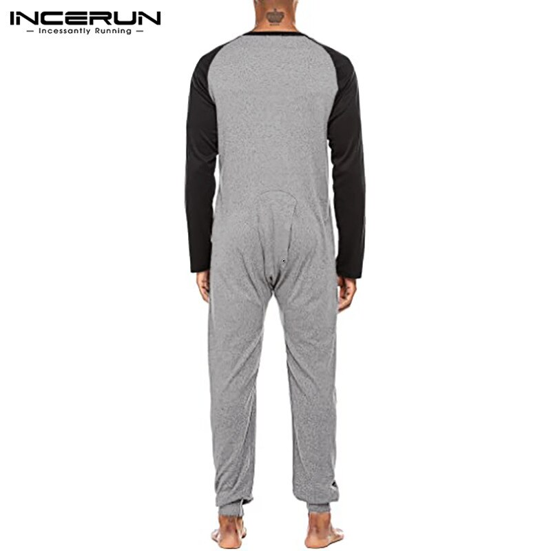 Hommes vêtements de nuit combinaisons INCERUN loisirs Patchwork Onesies homme à manches longues O cou chemise de nuit bouton Up barboteuse Homewear S-5XL