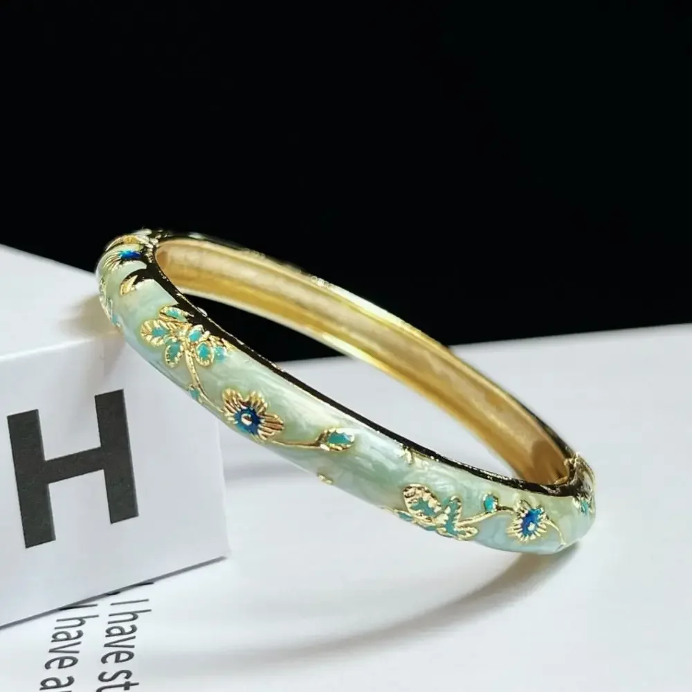 Emalje kinesisk cloisonné armbånd dobbelt armbånd kinesisk pæon filigran blomst armbånd traditionel vintage håndarmbånd: Lysegul guldfarve