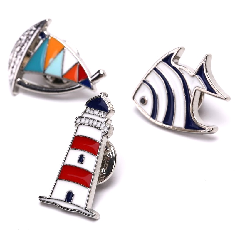 Uomo Donne di Colore Rosso Blu Barca A Vela Timone Dello Smalto Risvolto Spilli E Spille Moda Barca A Vela Faro Pesce Spille Gioielli Bijuteria