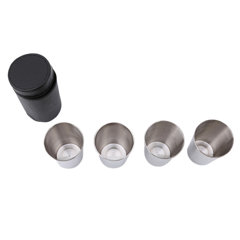 Taza de acero inoxidable para acampada, 4 Uds. De 30ML, 70ML, 180ML, taza para acampar y hacer senderismo, taza de té y café y cerveza con bolsa negra