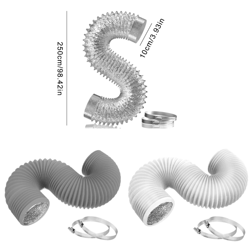 Kanalschlauch, Trockner-Entlüftungsschlauch mit 2 Klemmen, flexibler PVC- und Aluminiumkanal für Heizung, Kühlung, Belüftung und