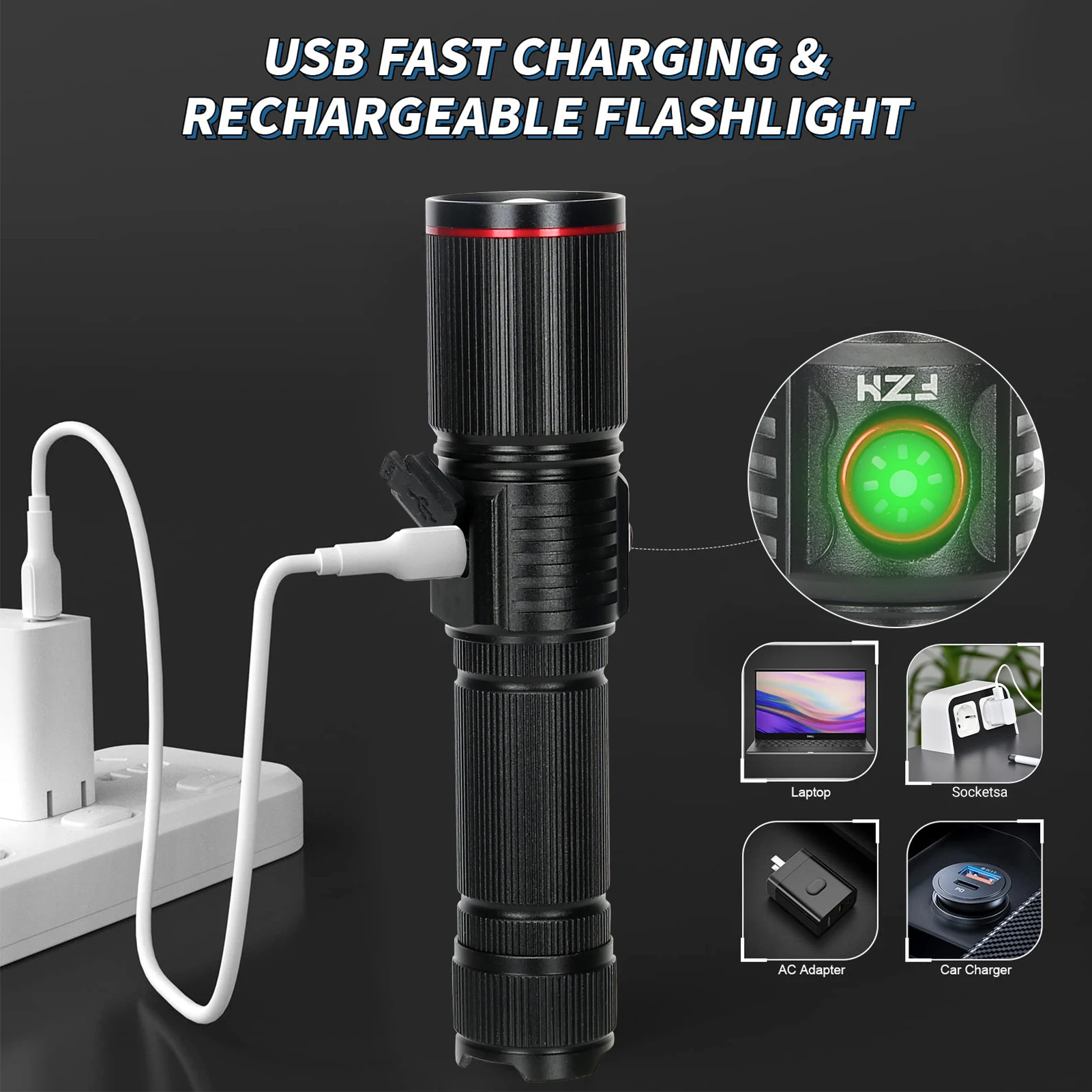Aluminum Alloy 30W Super Powerful LEP Flashlight 18650 or 21700 Battery Zoom Torch Light Lamp with Tail Rope Power Indicator